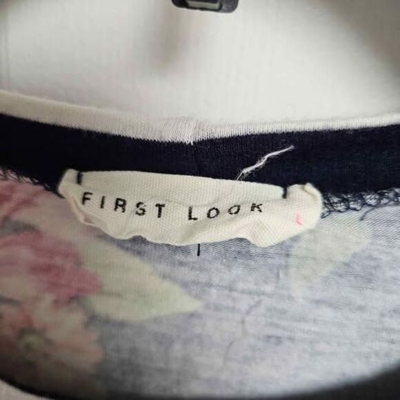 First Look Women's Large 3/4 length sleeve floral and stripe blue shirt - Picture 2 of 4